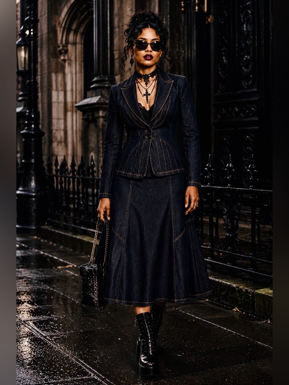 Monroe & Main Dark Wash Denim Skirt Suit Tailored Blazer & A-Line Midi Skirt - Picture 14 of 16